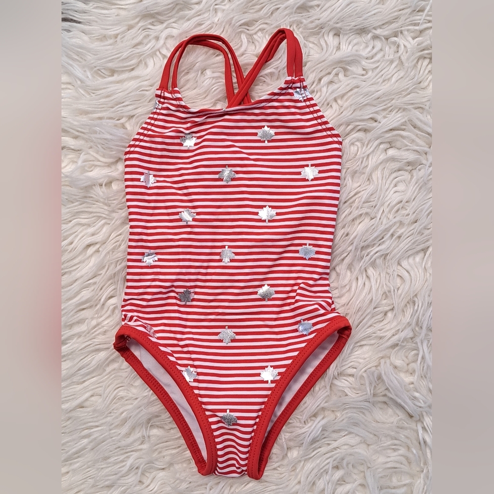 Brand New Baby Girl Red and White Striped With Maple Leaf One Piece Swimwear